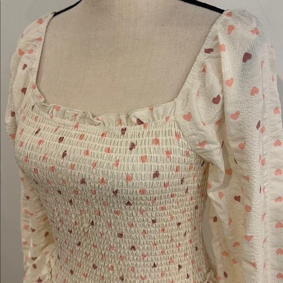 NEW Jessica Simpson Cream Pink Heart Mini Dress Ruffles Lace Large Smocked - Picture 2 of 8